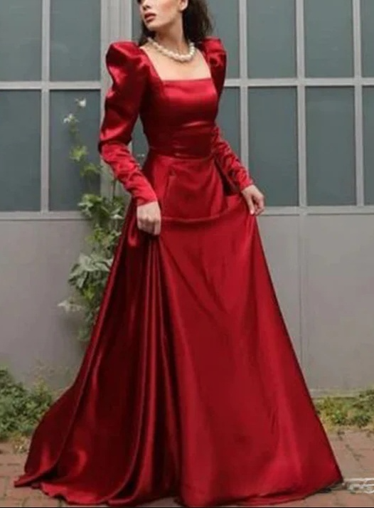 Elegant Square Neck Red Satin A Line Prom Evening Dress Y7855 Main Image
