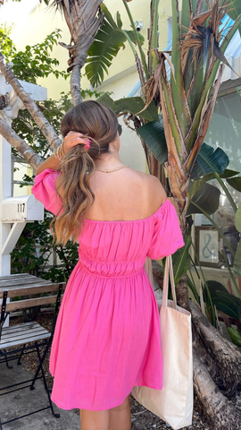Hot Pink A-line Homecoming Dress with Puff Sleeves Summer Dress Y2758