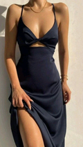 Simple Straps Satin Prom Dress Sleeveless Navy Blue V Neck Evening Dress Y8134 by simplepromdress