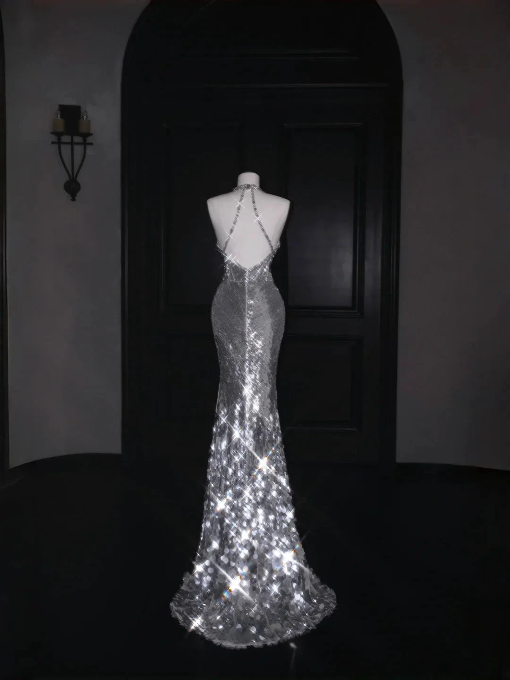 Sparkly Silver Deep V Halter Sequins Beaded Backless Evening Dress Mermaid Prom Dress Y8687 by simplepromdress