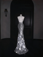 Sparkly Silver Deep V Halter Sequins Beaded Backless Evening Dress Mermaid Prom Dress Y8687 by simplepromdress