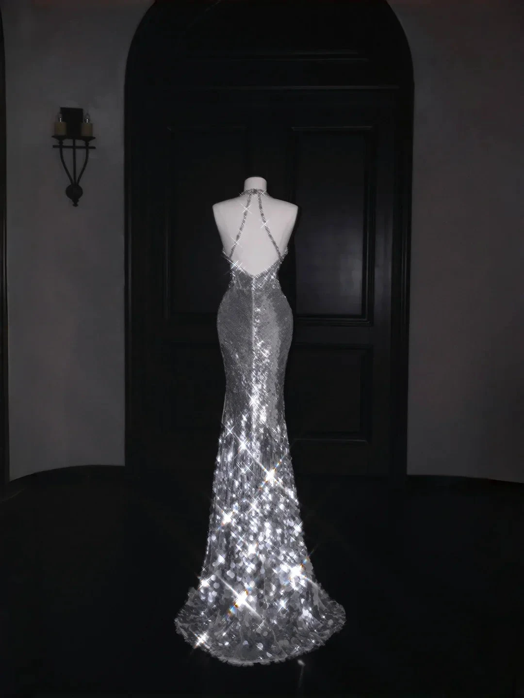 Sparkly Silver Deep V Halter Sequins Beaded Backless Evening Dress Mermaid Prom Dress Y8687 by simplepromdress