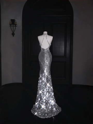 Sparkly Silver Deep V Halter Sequins Beaded Backless Evening Dress Mermaid Prom Dress Y8687