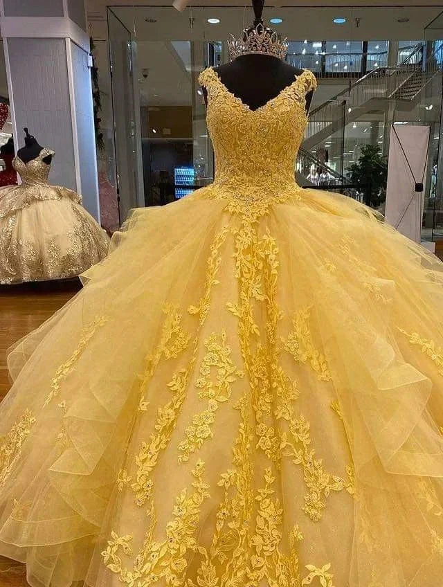 Yellow A-line Tulle Lace Ball Gown Quinceanera Dress Sweet 15 Dress Y4065 by simplepromdress