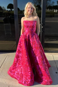 Chic Satin Print Floral Evening Dress Hot Pink Strapless A Line Prom Dress With Pockets Y8036 by simplepromdress