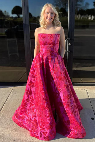 Chic Satin Print Floral Evening Dress Hot Pink Strapless A Line Prom Dress With Pockets Y8036