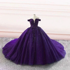 Purple tulle ball gown off the shoulder wedding dresses Y4310 by simplepromdress