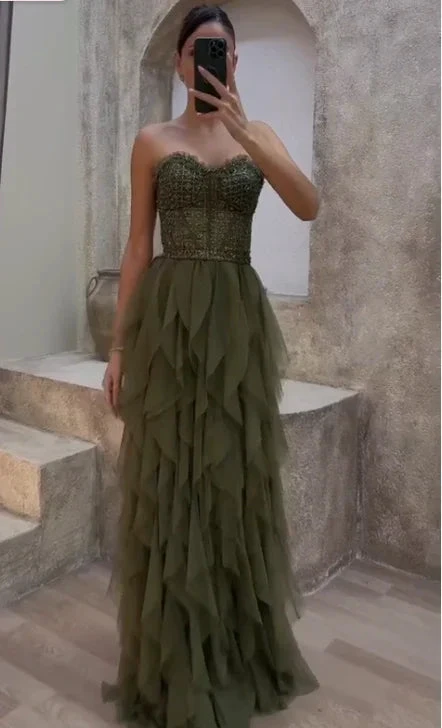 Gorgeous Green Tulle Beaded Long A Line Evening Dress Strapless Prom Dress Y8197 by simplepromdress
