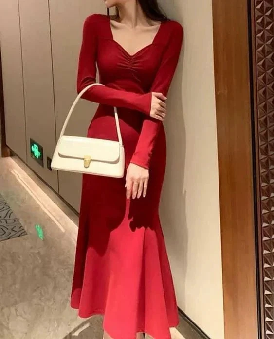Red Long Sleeves Mermaid Evening Dresses Prom Gown Party Gowns Y5618 by simplepromdress