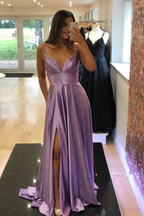 Purple V-Neck Satin Long Prom Dress Simple A-Line Evening Dress Y927