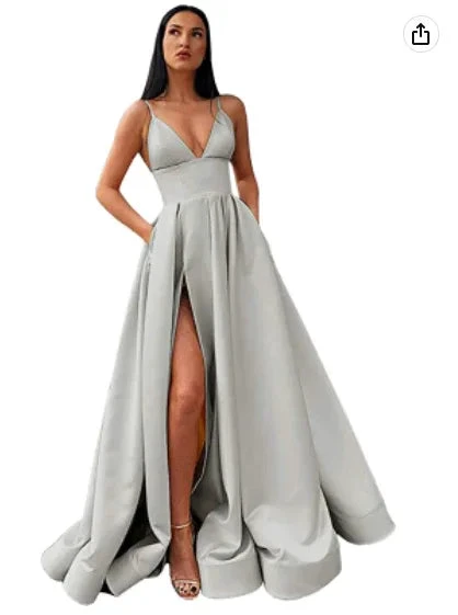 V-Neck Slit Satin Long Prom Dress Spaghetti Strap Evening Ball Gown with Pockets S14431 by simplepromdress