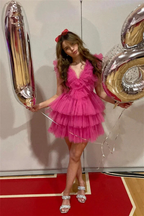 Cute Pink Ruffled Tiered Tulle Short Homecoming Dress Y1995 by simplepromdress