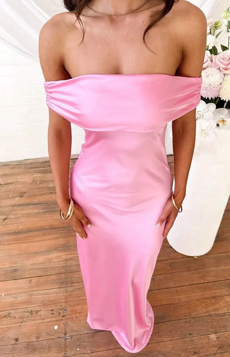 Pink Off The Shoulder Satin Long Prom Evening Dress Y8093 by simplepromdress