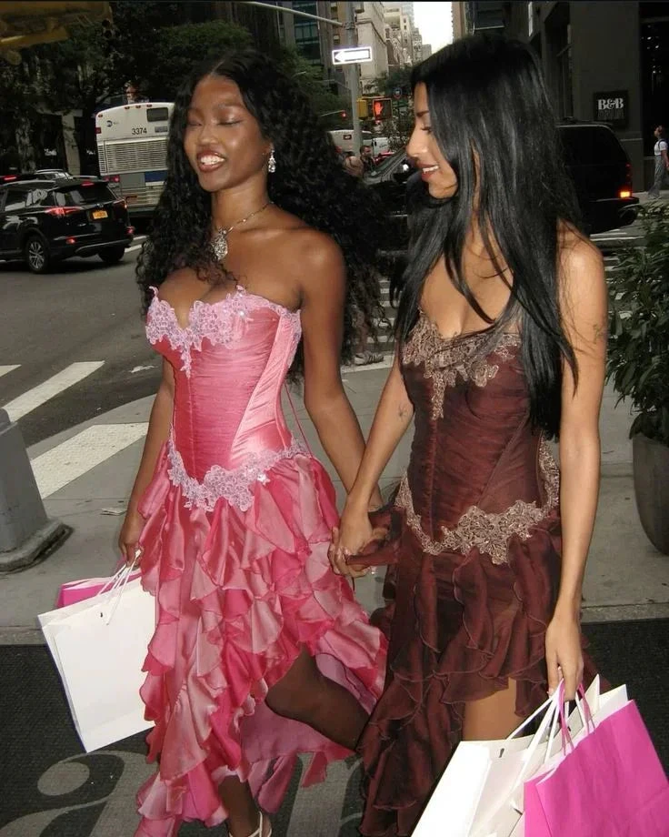 Vintage Hot Pink Lace Chiffon Ruffles Evening Dress Strapless Prom Dress Y8252 by simplepromdress