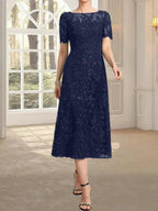 A-line Scoop Illusion Tea-Length Lace Mother of the Bride Dress With Sequins by Dreamylily