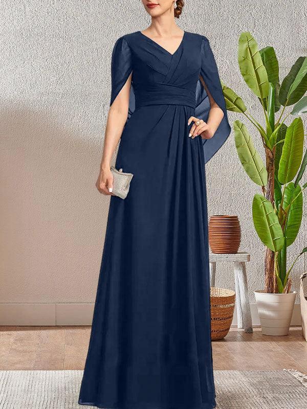 Dark Navy A-Line V-Neck Long Mother of Bride Dress by Dreamylily