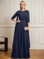 A-line Scoop Illusion Floor-Length Lace Chiffon Mother of the Bride Dress With Pleated by Dreamylily