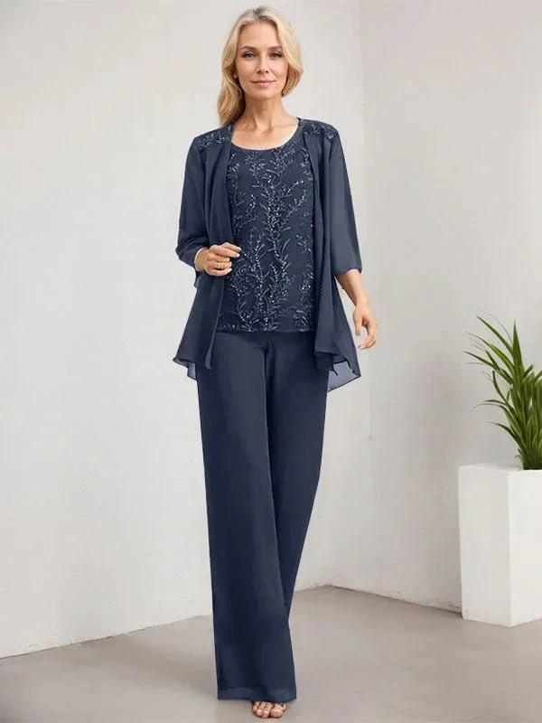 Separates Jumpsuit/Pantsuit Scoop Floor-Length Lace Chiffon Mother of the Bride Dress With Sequins by Dreamylily