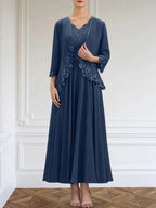 A-line V-Neck Ankle-Length Chiffon Mother of the Bride Dress With Sequins Appliques Lace Beading by Dreamylily
