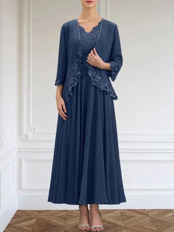A-line V-Neck Ankle-Length Chiffon Mother of the Bride Dress With Sequins Appliques Lace Beading by Dreamylily