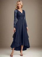 A-line V-Neck Asymmetrical Lace Chiffon Mother of the Bride Dress by Dreamylily