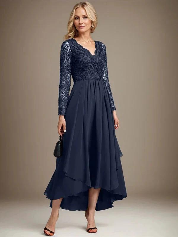 A-line V-Neck Asymmetrical Lace Chiffon Mother of the Bride Dress by Dreamylily