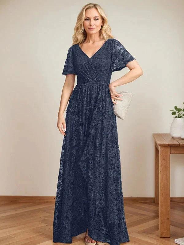 A-Line V-Neck Asymmetrical Lace Mother of the Bride Dress With Cascading Ruffles by Dreamylily