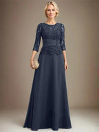 A-line Scoop Illusion Floor-Length Chiffon Lace Mother of the Bride Dress With Pleated Sequins Beading by Dreamylily