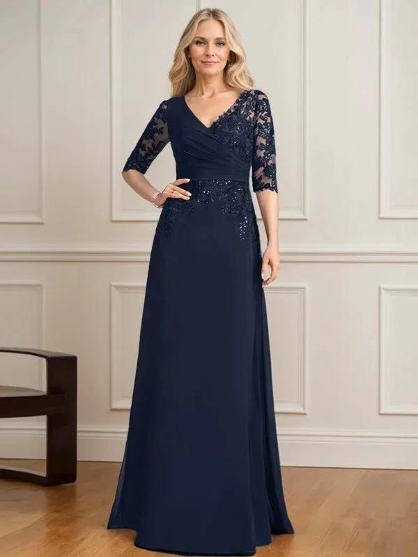 A-line V-Neck Floor-Length Lace Chiffon Mother of the Bride Dress With Pleated Sequins by Dreamylily