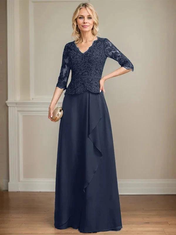 A-line V-Neck Floor-Length Lace Chiffon Mother of the Bride Dress With Cascading Ruffles Sequins by Dreamylily