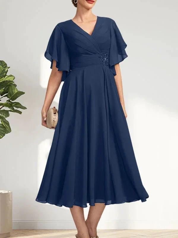 A-line V-Neck Tea-Length Chiffon Mother of the Bride Dress With Pleated Beading by Dreamylily