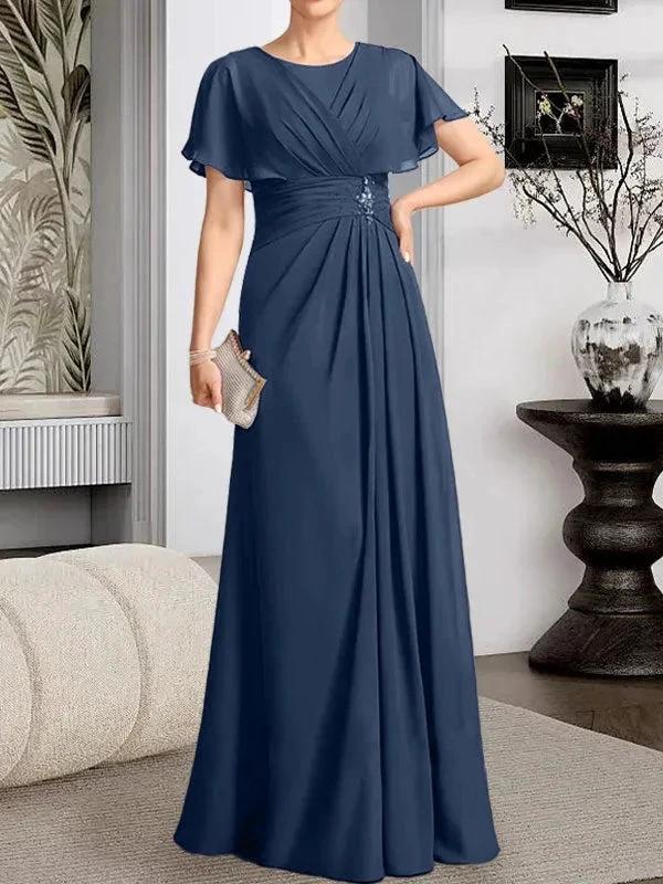 A-line Scoop Floor-Length Chiffon Mother of the Bride Dress With Pleated Beading by Dreamylily