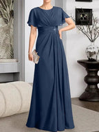 A-line Scoop Floor-Length Chiffon Mother of the Bride Dress With Pleated Beading by Dreamylily