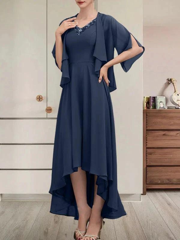 A-line V-Neck Asymmetrical Chiffon Mother of the Bride Dress With Beading Sequins by Dreamylily