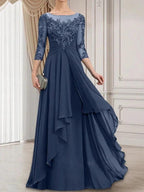 A-line Scoop Illusion Floor-Length Lace Chiffon Mother of the Bride Dress With Cascading Ruffles by Dreamylily