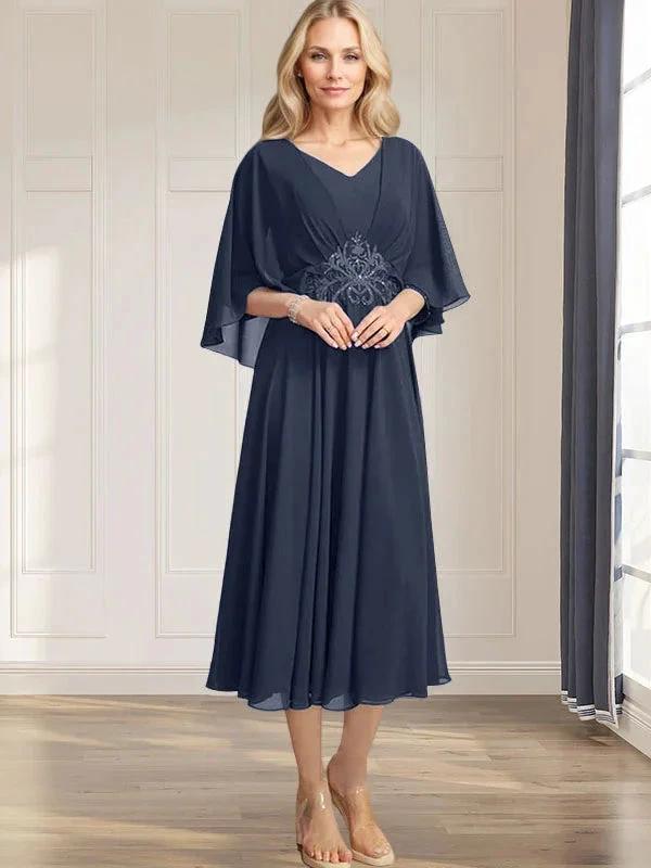 A-line V-Neck Tea-Length Chiffon Mother of the Bride Dress With Pleated Sequins Appliques Lace Beadind by Dreamylily