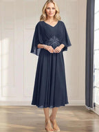 A-line V-Neck Tea-Length Chiffon Mother of the Bride Dress With Pleated Sequins Appliques Lace Beadind by Dreamylily