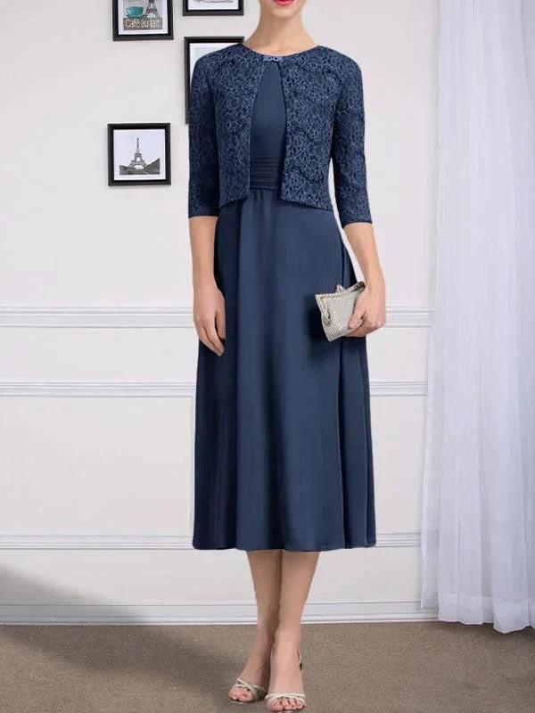 A-line Scoop Tea-Length Chiffon Mother of the Bride Dress With Pleated by Dreamylily
