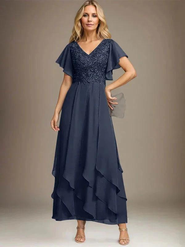 A-line V-Neck Ankle-Length Lace Chiffon Mother of the Bride Dress With Cascading Ruffles by Dreamylily