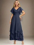 A-line V-Neck Ankle-Length Lace Chiffon Mother of the Bride Dress With Cascading Ruffles by Dreamylily