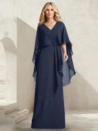 A-line V-Neck Floor-Length Chiffon Mother of the Bride Dress With Cascading Ruffles Beading by Dreamylily