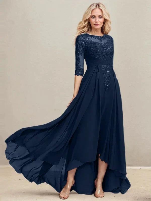 A-line Scoop Illusion Asymmetrical Lace Chiffon Mother of the Bride Dress With Pleated Sequins by Dreamylily