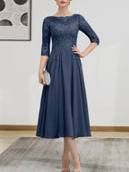 A-line Scoop Illusion Tea-Length Chiffon Lace Mother of the Bride Dress With Beading Sequins by Dreamylily