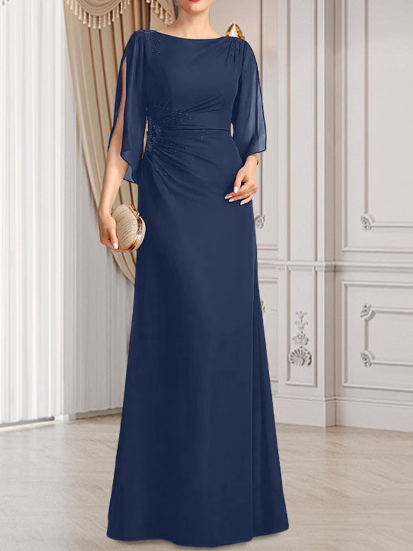 Etui-Linie/Säule U-Ausschnitt Bodenlang Chiffon Kleid für die Brautmutter mit Plissee Perlenbesatz