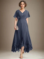 A-line V-Neck Asymmetrical Lace Chiffon Mother of the Bride Dress With Pleated by Dreamylily