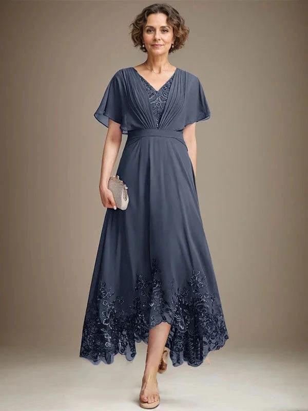 A-line V-Neck Asymmetrical Lace Chiffon Mother of the Bride Dress With Pleated by Dreamylily