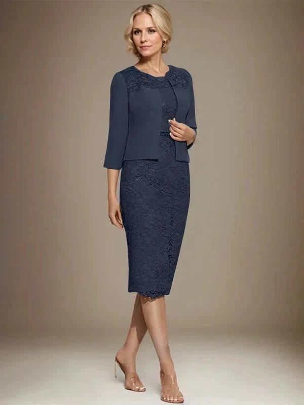Sheath/Column Scoop Knee-Length Chiffon Lace Mother of the Bride Dress With Beading by Dreamylily