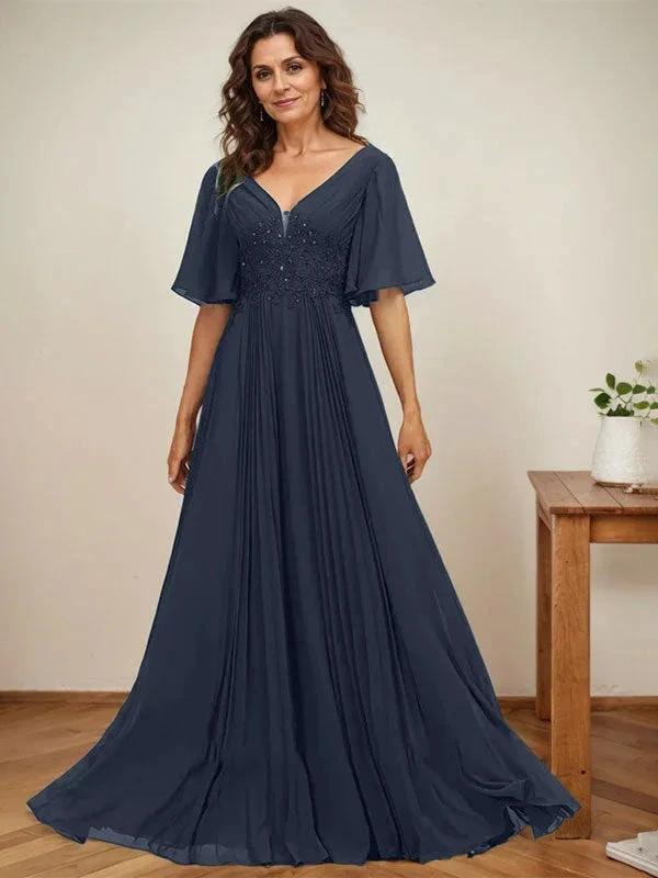 A-line V-Neck Floor-Length Chiffon Mother of the Bride Dress With Sequins Appliques Lace Pleated by Dreamylily