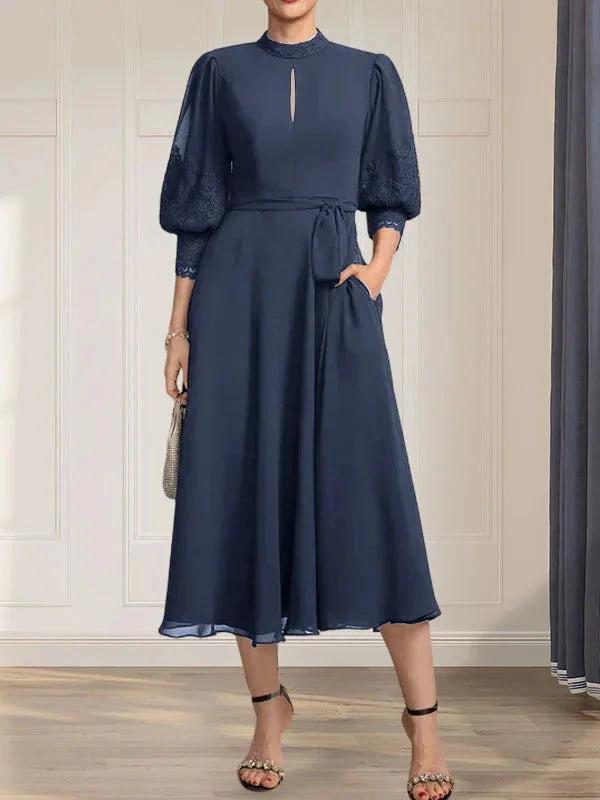 A-line High Neck Tea-Length Lace Chiffon Mother of the Bride Dress With Bow by Dreamylily