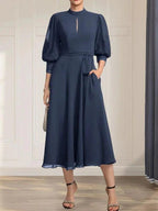 A-line High Neck Tea-Length Lace Chiffon Mother of the Bride Dress With Bow by Dreamylily